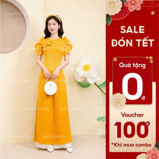 Áo dài giáo viên chất lụa tây thi vàng đính cúc cổ kết hoa ngực cách điệu By Quỳnh Hương
