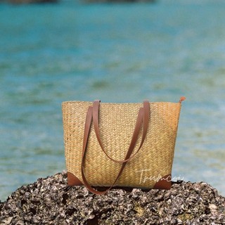 Túi tote cói quai da resort/ túi cỏ bàng du lịch