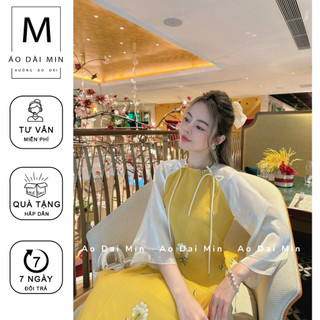 Áo dài cách tân đường yên voan tơ thêu hoa nổi 2 lớp 4 tà dáng suông- áo dài min