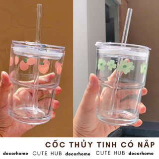 Cốc thủy tinh có nắp kèm ống hút Hoa & Quả