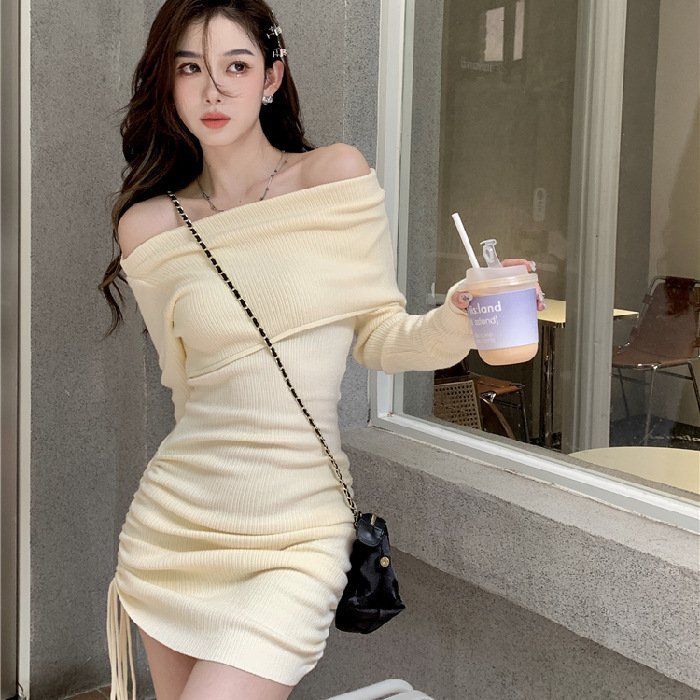 Váy Body Len Trần Vai Rút Hông Sexy Quảng Châu, Full 2 Màu, Loại 1