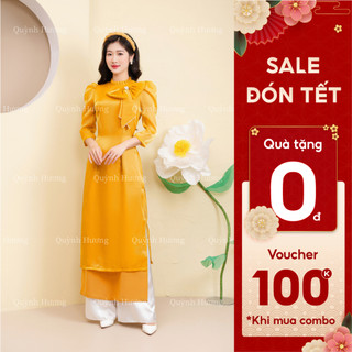 Áo dài chất voan tơ đính nơ cổ cách điệu màu vàng by Quỳnh Hương