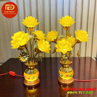 Cặp đèn thờ hoa sen lưu ly 5 bông cao cấp, Đèn thờ trang trí, đèn sen cao cấp ánh sáng vàng