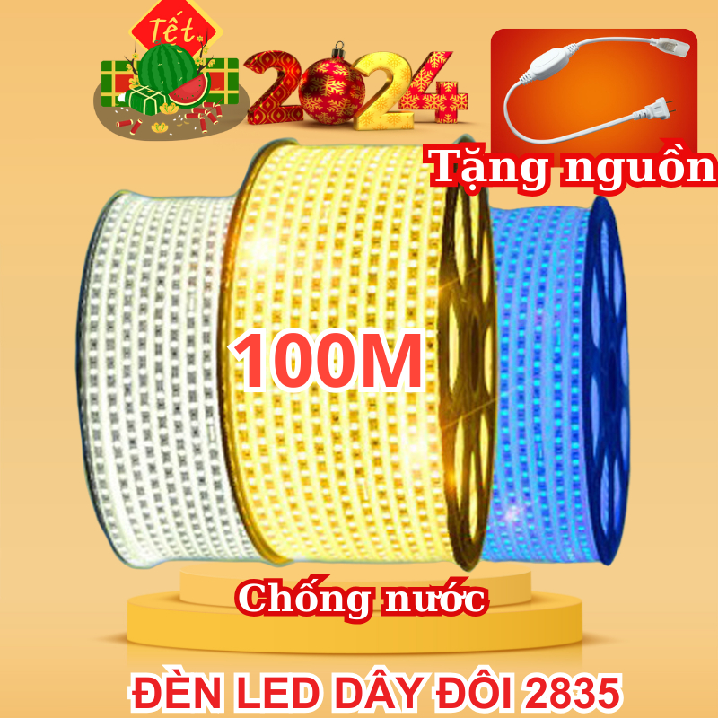 100M Dây Led đôi  2835 tặng kèm nguồn chống nước trang trí ngoài trời quấn cây siêu sáng