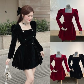 Đầm nhung cổ vuông đính đá xếp ly Eo Đầm nhung đi tiệc đi chơi Tết Noel sang trọng Bigsize KN từ 50kg đến 100kg DX3