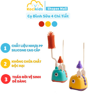 Bộ cọ rửa bình sữa silicon 4 chi tiết xoay 360 độ có đế phơi hình khủng long tiện lợi đa năng