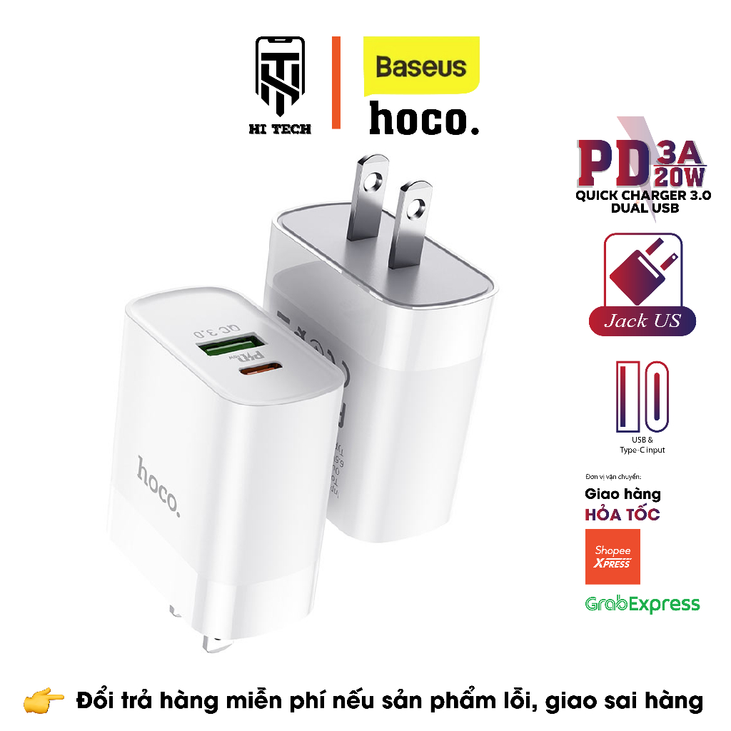 Củ sạc nhanh HOCO C80, sạc nhanh PD 20W 3A, 2 cổng (USB + type-C), phích cắm tiêu chuẩn US.