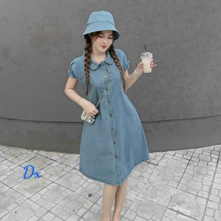 Đầm váy jean nữ cổ sơ mi tay ngắn phối nút cài xinh xắn bánh bèo> thời trang MOMO SHOP