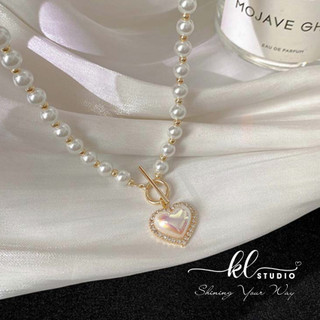  Vòng Cổ Ngọc Trai Nhân Tạo Mặt Trái Tim Trắng Viền Đá Chốt Gài Choker Hạt Trai Vòng Cổ Choker Trắng - N22
