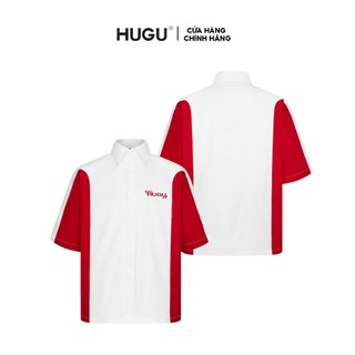 Áo sơ mi nam tay ắn kaki dẻo unisex local brand hugu - ss 24 hugu - cổ áo sơ mi, thêu logo, đường rã ở tà áo