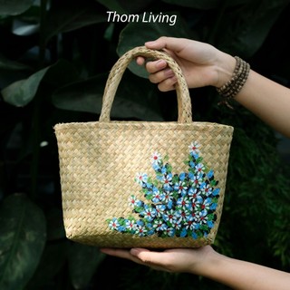 Giỏ cỏ bàng chữ nhật nhí quai cỏ bàng cầm tay vẽ hoa