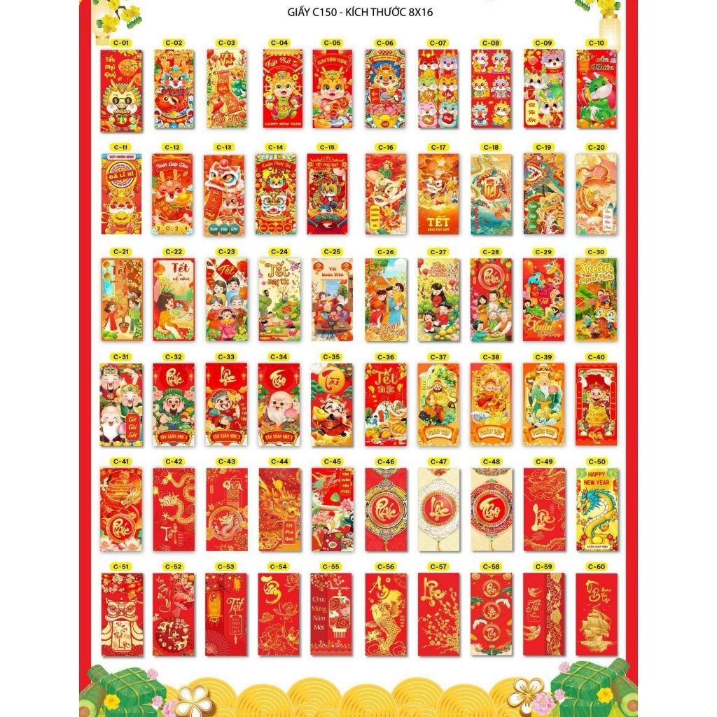 INBOX CHỌN MẪU - SỈ 1000 BAO LÌ XÌ TRUYỀN THỐNG TẾT 2024 GIẤY C150 CAO CẤP - Mẫu Hot Trend, Hoa Lá, Dễ Thương - NHI.TNL