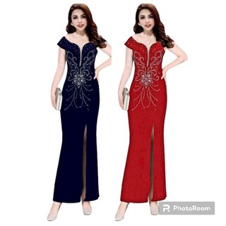 Đầm dạ hội trung niên nhung khâu đá cao cấp dáng đuôi cá trễ vai xẻ tà size lớn, Đầm dạ hội nhung trung niên trễ vai