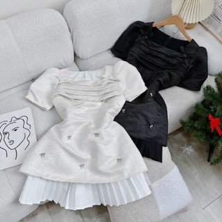 Đầm cổ u đính nơ phối dập li