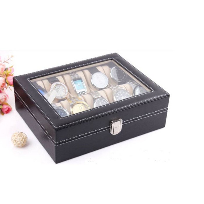Hộp Đựng Đồng Hồ 10 Ngăn, Vỏ Da PU, Mặt Nhựa Kính Trong Suốt, Đệm Bọt Biển Nỉ Nhung(Kích Thước 25x20cm)