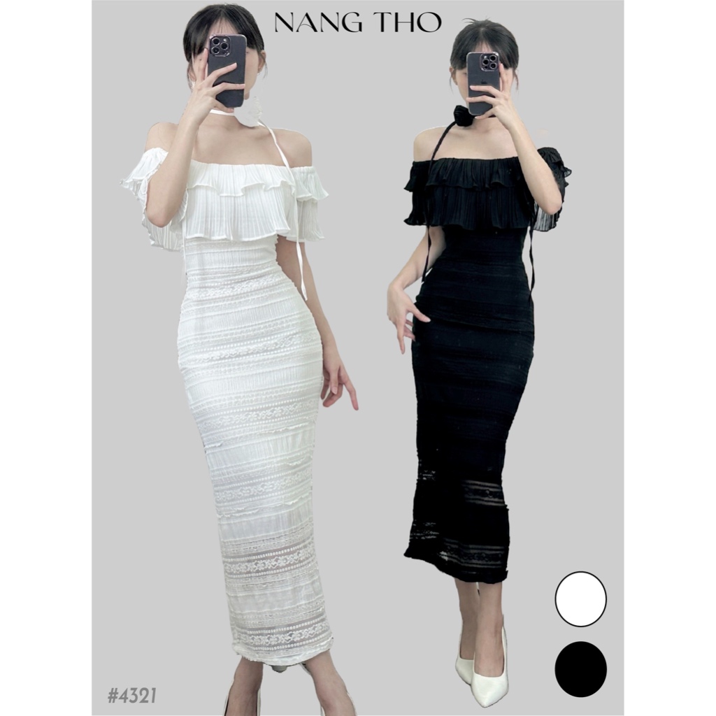 Đầm thiết kế ren body bẹt vai thanh lịch cho nữ 2 màu midi (HÌNH THẬT ĐỘC QUYỀN nangtho.ct) 4321 5597