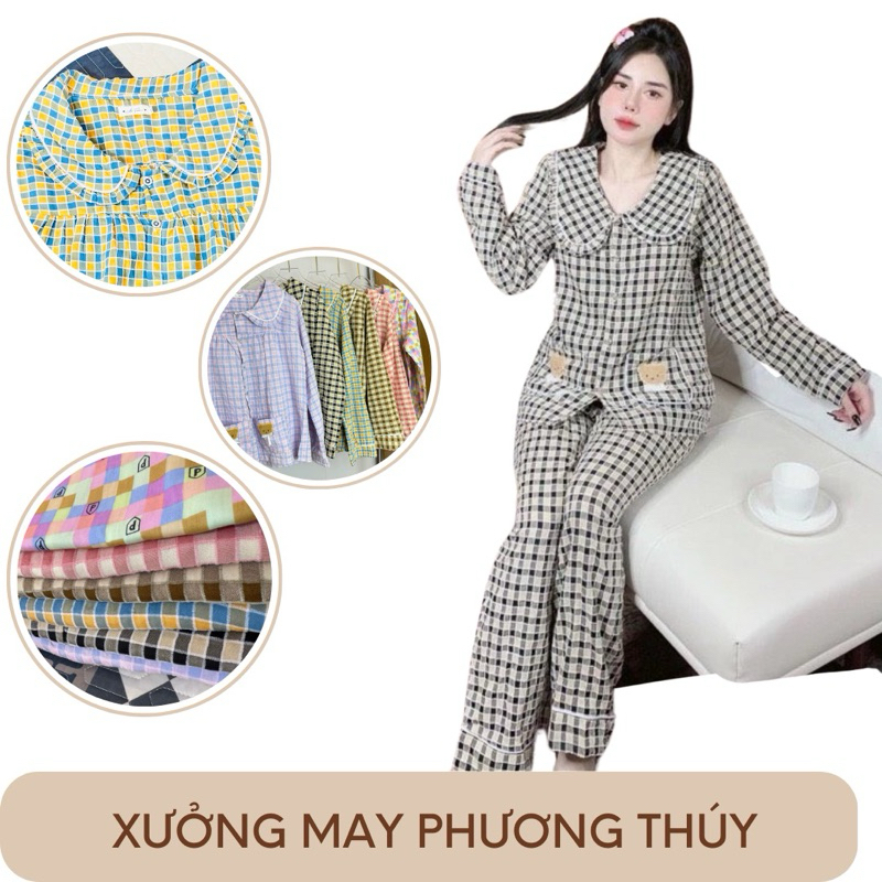Sét Bộ Pyjama Kẻ Caro nhung Sen Gấu Túi tay dài quần áo siêu hot