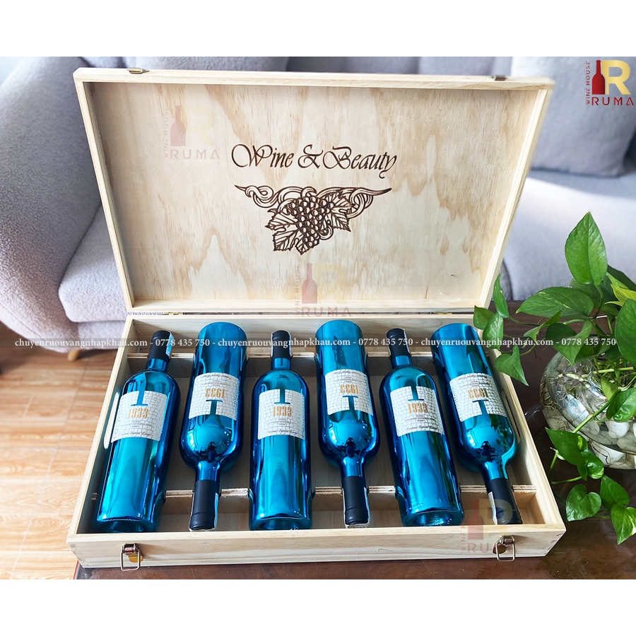 Set quà tặng hộp gỗ 6 chai rượu vang Ý 1933 xanh Opal (blue)