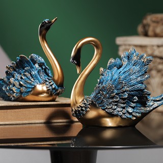 Đôi thiên nga xanh vàng đầu đen decor trang trí nhà cửa