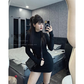 Váy body cổ cao xỏ ngón nữ màu đen cực đẹp - Mẫu hottrend - Giá cực cạnh tranh đủ size SM.