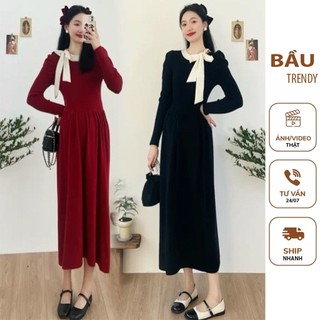 ĐẦM VÁY BẦU CÔNG SỞ THU ĐÔNG V692 ĐẦM BẦU LEN THIẾT KẾ NƠ CỔ ĐIỆU ĐÀ SANG CHẢNH ĐẦM BẦU ĐẸP FREE SIZE
