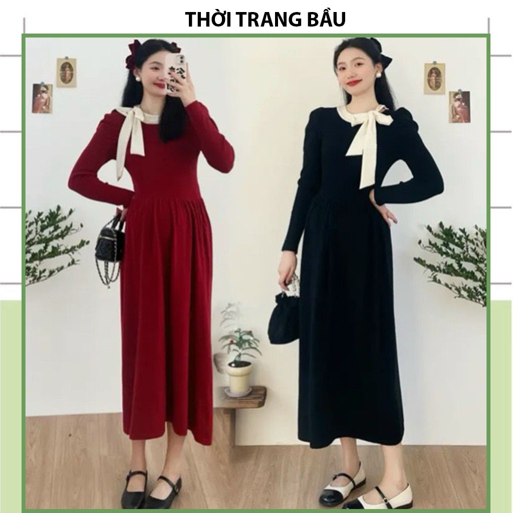 ĐẦM VÁY V692 LEN GÂN TĂM MẶC TẾT-CÔNG SỞ DỰ TIỆC MÙA THU-ĐẦM BẦU DÁNG TIỂU THƯ PHỐI CỔ NƠ TRẮNG SANG CHẢNH FRE SIZE
