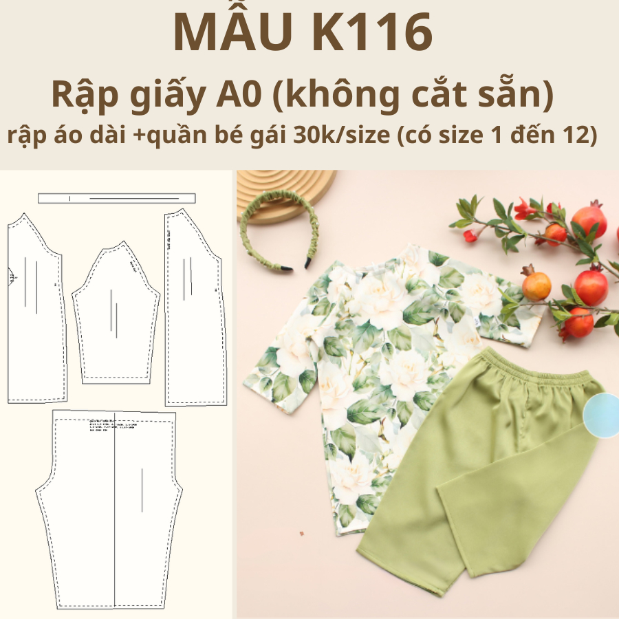 RẬP GIẤY A0 ÁO DÀI BÉ GÁI K116 (KHÔNG CẮT SẴN)