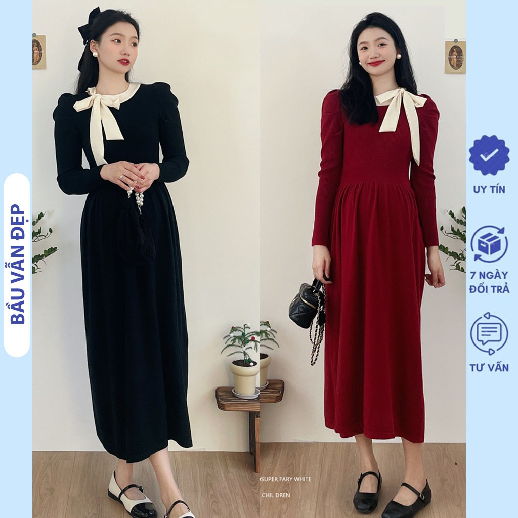 ĐẦM VÁY BẦU LEN MÙA ĐÔNG DÀI TAY MẶC ĐI LÀM ĐI TIỆC XINH CỔ PHỐI NƠ ĐIỆU ĐÀ V692 - ĐẦM BẦU CÔNG SỞ XINH HÀNG THIÊT KẾ