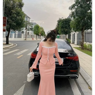 Set  áo thun tay dài phối ren nơ và chân váy đuôi cá xẻ tà sau thanh lịch YUNA