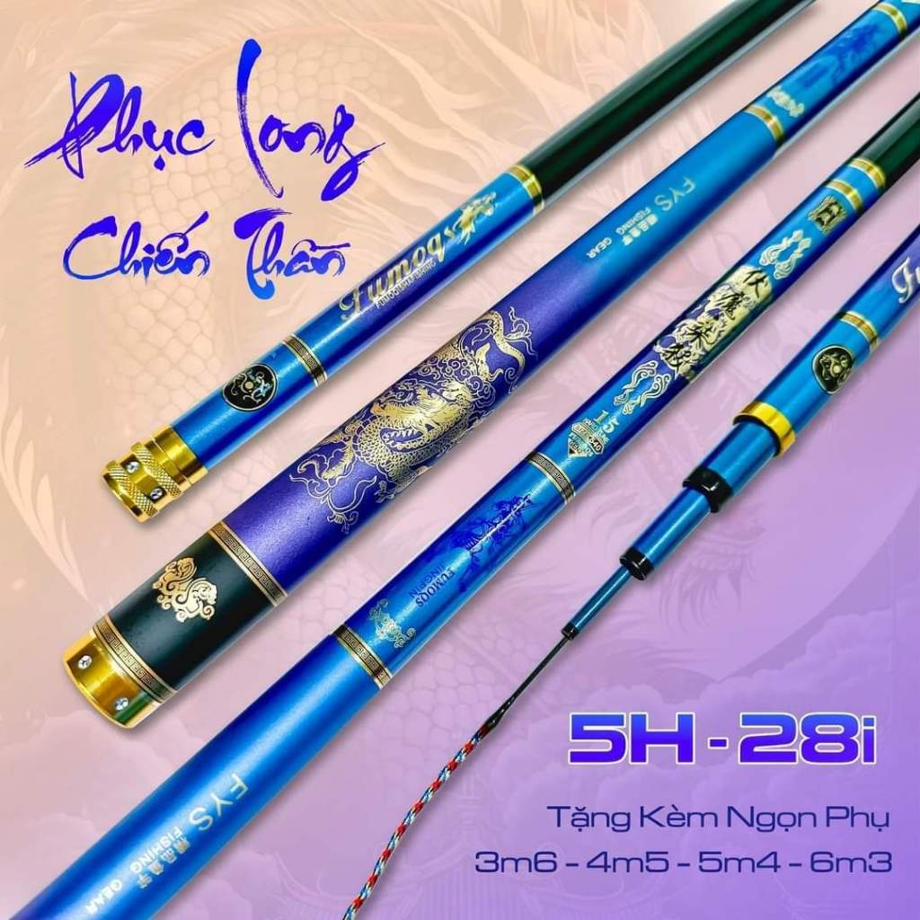 Cần câu tay câu cá cacbon Phục Long Chiến Thần 5H-28i tặng kèm ngọn phụ dài 3m6 4m5 5m4 6m3