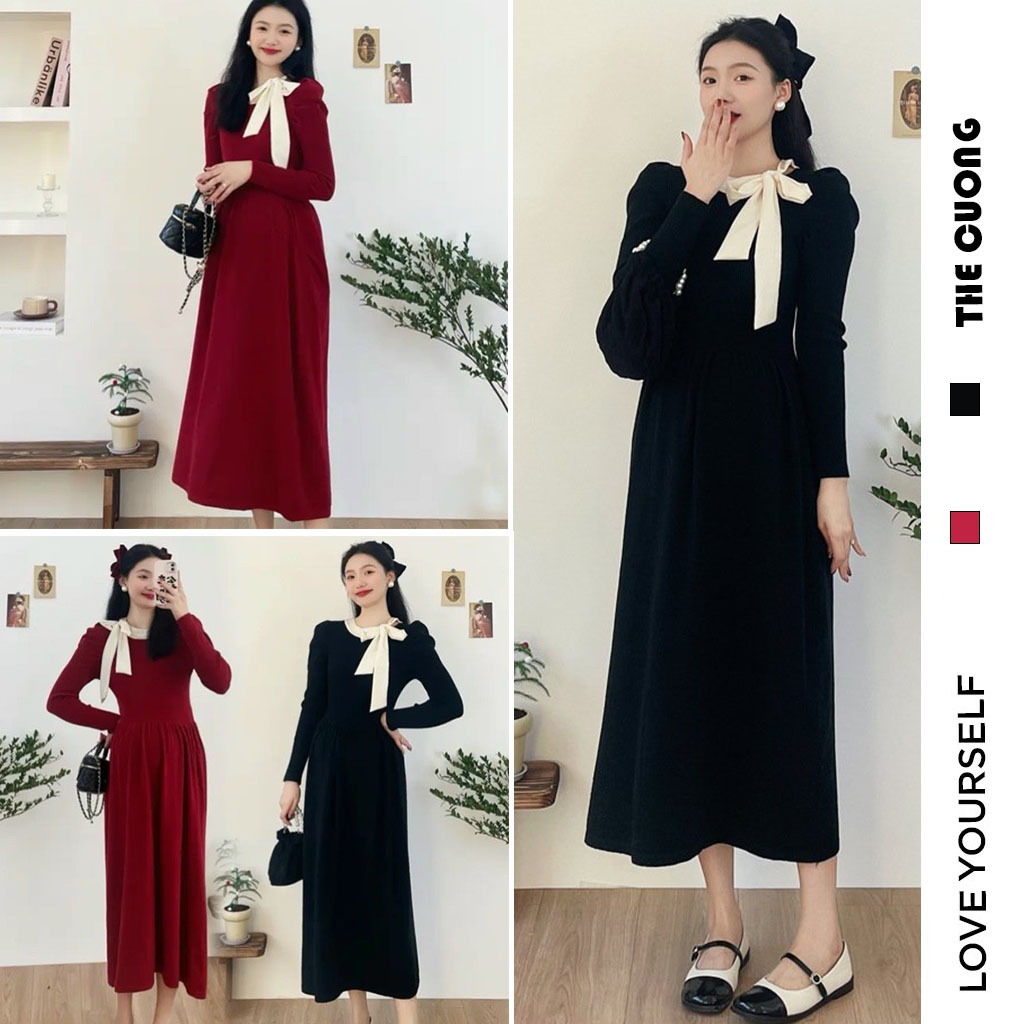 ĐẦM VÁY BẦU CÔNG SỞ DỰ TIỆC C8692 CHẤT LEN TĂM VIỆT NAM DÁNG SUÔNG DÀI KHĂN LIỀN BUỘC NƠ ĐIỆU ĐÀ SANG CHẢNH FREESIZE