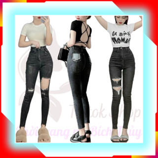 Quần jean nữ xám rách đùi, quần bò nữ rách kiểu lưng cao dáng ôm màu xám hàng Quảng Châu cao cấp