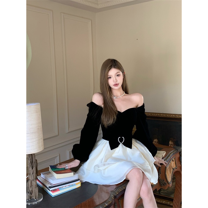 Đầm Váy Liền Nữ Thiết Kế Dáng Xoè Dài Tay Trễ Vai Trắng Phối Đen Phong Cách Tiểu Thư Sang Chảnh Hàng Quảng Châu Loại 1