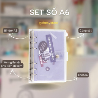 Set sổ bìa còng bullet journal binder A6 trang trí sẵn kèm giấy refill và phụ kiện