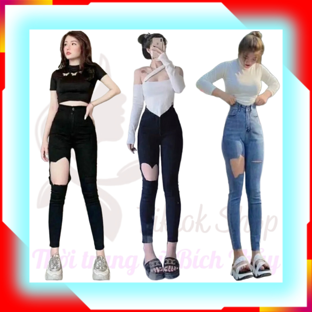 Quần jean nữ rách kiểu, quần bò nữ rách đùi lưng cao dáng ôm HOT TREND chất vải dày dặn co giãn