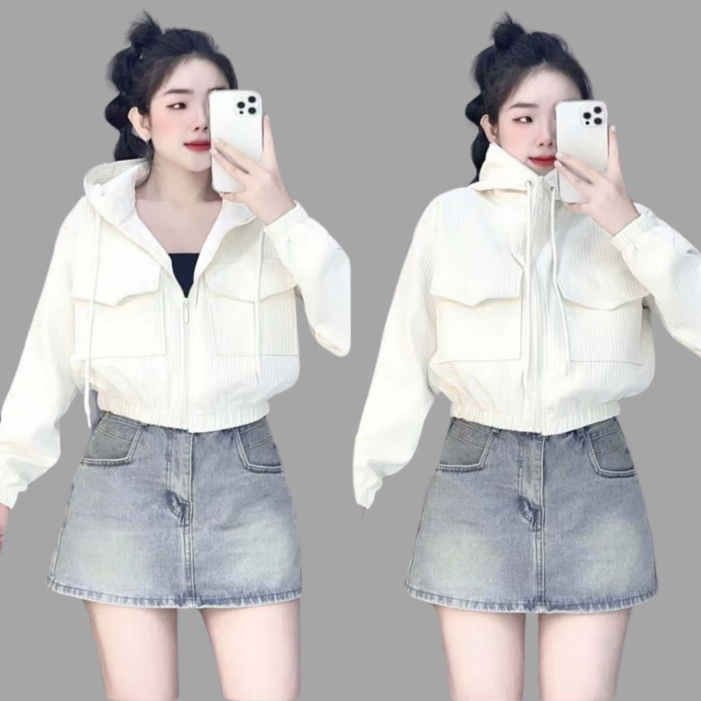 Áo khoác thun 2 da  xốp ô form croptop trẻ trung, có nón, tay eo bo chun , 4 túi tiện lợi , mặc mát, nón rộng |RTee Shop | BigBuy360 - bigbuy360.vn