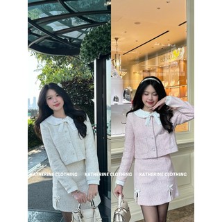 Set dạ tweed cổ sen chân váy phối nơ tiểu thư, Set dạ kim sa cổ phối nơ - Katherine Clothing
