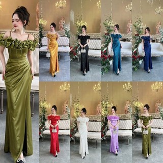 Đầm dạ hội thiết kế trễ vai bèo ngực đính đá tua rua- TẶNG HOA TAI