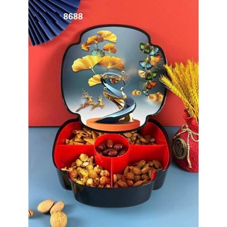 Khay mứt tết 2 tầng xoay 10 ngăn, khay mứt bánh kẹo tết hình cánh hoa đẹp mắt sang trọng