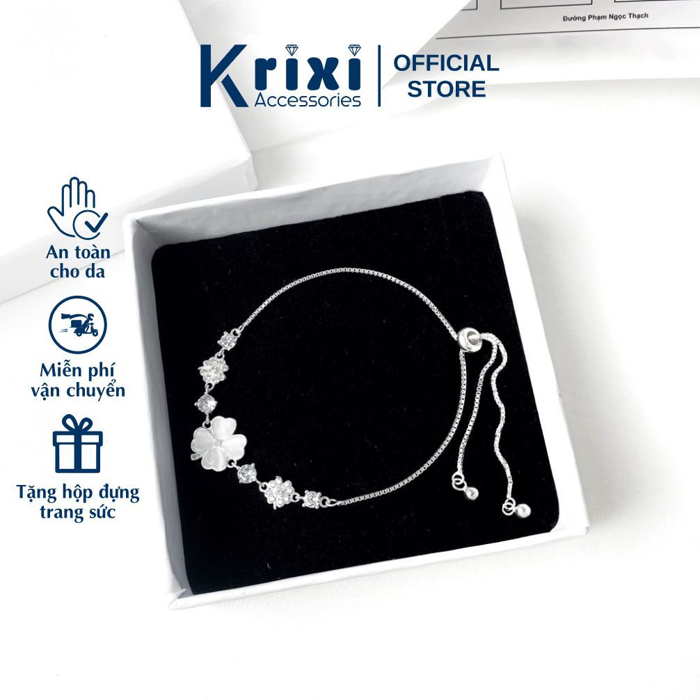  Lắc tay bạc nữ Krixi Silver vòng tay cỏ bốn lá may mắn dây rút trắng lấp lánh cao cấp LT01 