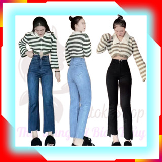  Quần ống loe nữ xẻ gấu quần jean nữ ống loe lưng cao xẻ gấu rách đùi 3 màu mẫu Hottrend 