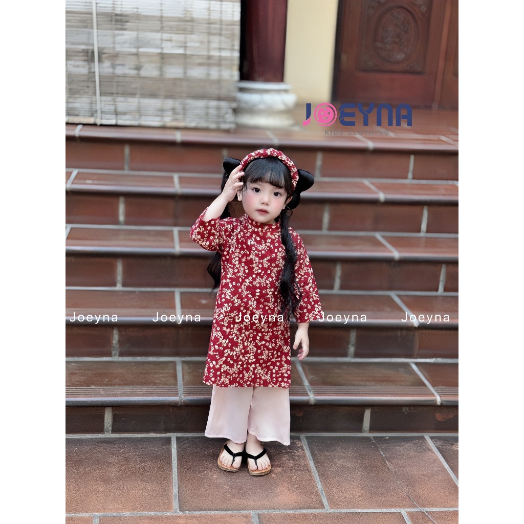 Áo dài cho bé gái,áo dài cho bé, áo dài tết cho bé gái 1 tuổi đến 7 tuổi Joeyna hoa nhí trắng kèm bờ
