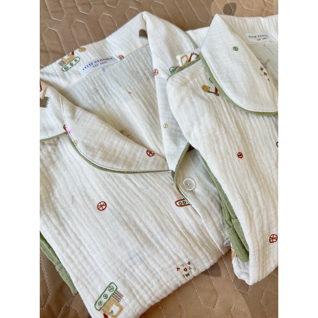 [Feliz.Clothes] Pyjama xô muslin xe cẩu xanh dễ thương