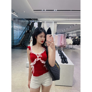 Áo Cami đỏ phối ren, ruy băng hàn - Red Cami Top