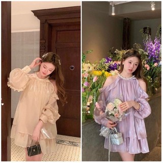 ĐẦM TẦNG KHOÉT VAI TAY RỚT TƠ ÓNG ORGANZA CỔ ĐÍNH NGỌC  - XANH BIỂN