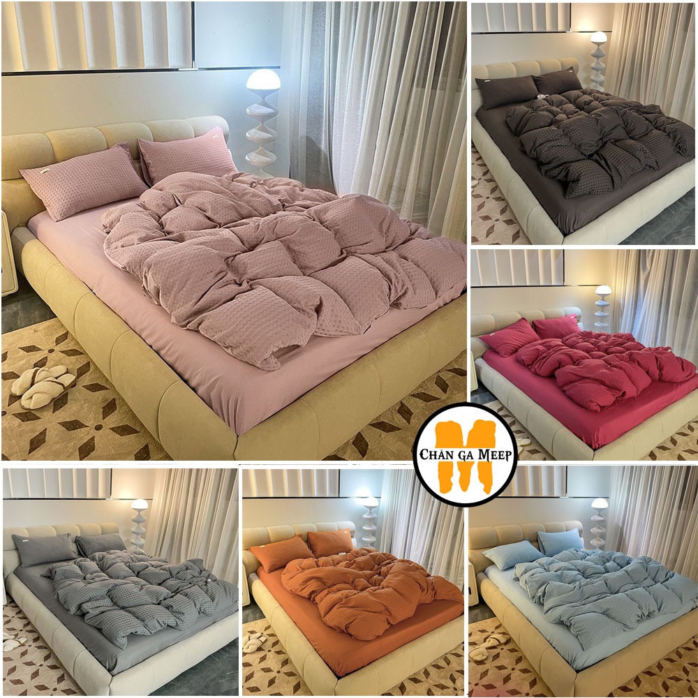 Bộ chăn ga gối cotton đũi grap nệm thun lạnh Hàn Quốc