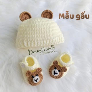 Set nón giày bằng len mềm mại, ấm áp mẫu gấu kem kute đáng yêu cho bé