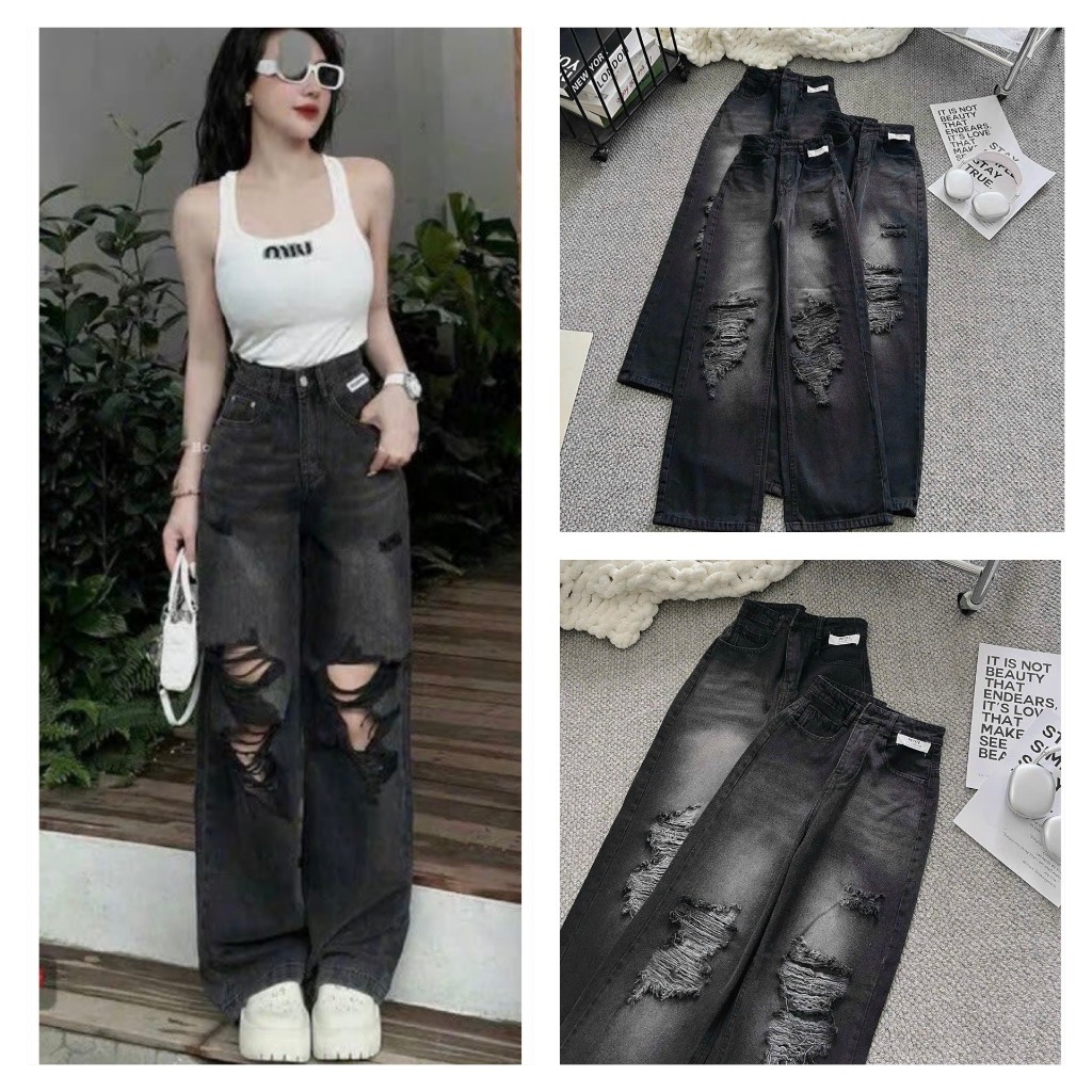 (XEM VIDEO)Quần Jeans Nữ Dáng Suông Wash Loang Rách Bụi Tạo Kiểu Cá Tính , Quần Bò Nữ Đen Rách Chuẩn Form Siêu Hack Dáng