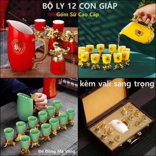 Bộ Ly 12 Con Giáp Gốm Sứ cao cấp mạ vàng kèm vali gỗ sang trọng – Bộ Ly Rượu Đẹp làm quà biếu tết quà tặng