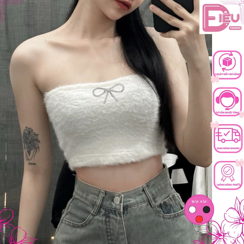 Áo ống ôm body đính nơ kim loại sexy cá tính Điệu Fashion, Áo kiểu nữ chất vải lông mềm min phong cách gợi cảm - A53